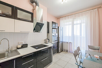 interior kitchen and dining room, refectory area, cooking equipment, table furniture, stove