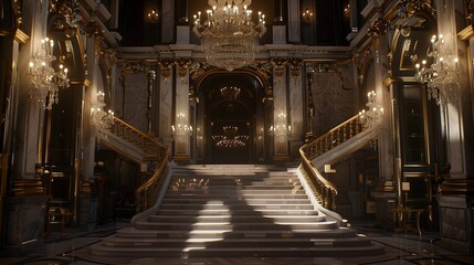 A grand marble staircase leading into a opulent ballroom, adorned with crystal chandeliers.