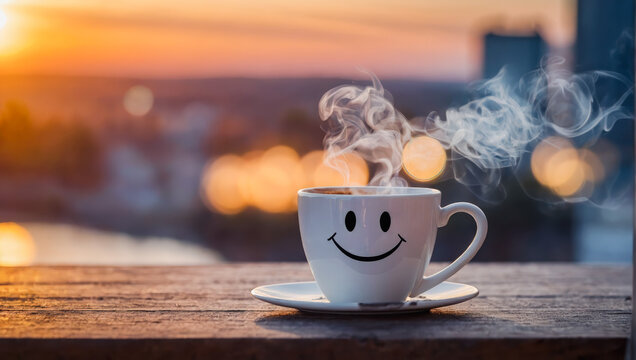 Morning cup of coffee with a smiley face in sunrise.