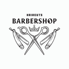 Vintage tools barbershop logo. Black color on white background