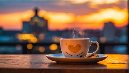 Morning cup of coffee with a smiley face in sunrise.