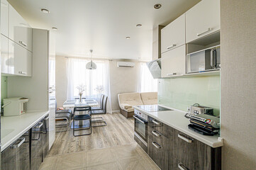 interior kitchen and dining room, refectory area, cooking equipment, table furniture, stove