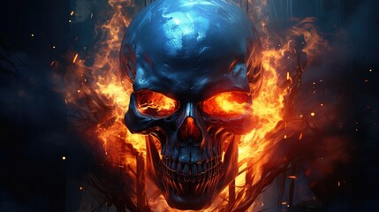 human skull in fire. death and hell. human skeleton and flame.