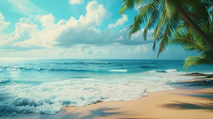 Papier Peint photo Lavable Turquoise a pristine shoreline framed by lush palms, where the sun and sea dance in perfect harmony