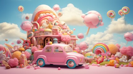 Colorful pastel candy landscape. pink castle or palace in the land of sweets and car. road among sweets and lollipops