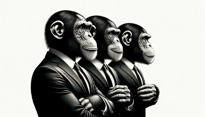 ビジネススーツを着て並ぶ猿 - obrazy, fototapety, plakaty
