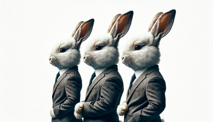 ビジネススーツを着て並ぶウサギ - obrazy, fototapety, plakaty
