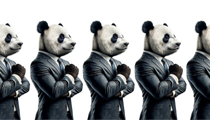 ビジネススーツを着て並ぶパンダ - obrazy, fototapety, plakaty