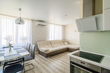 interior kitchen and dining room, refectory area, cooking equipment, table furniture, stove