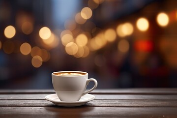 Obraz premium Coffee cup on wooden table in front of bokeh background