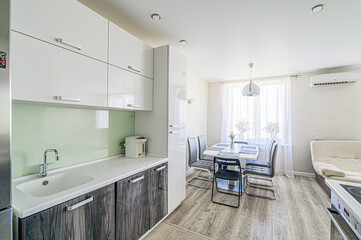 interior kitchen and dining room, refectory area, cooking equipment, table furniture, stove