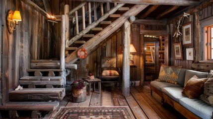 Fototapeta na wymiar A rustic wooden staircase inside a cozy cabin, adorned with handcrafted ornaments.
