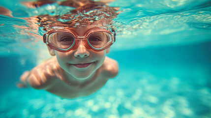 Naklejka premium Kid captured swimming underwater in a pool