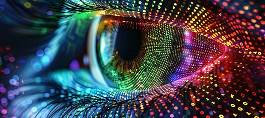 Closeup colorful human eyes. Magic technology optic. Generative AI technology.	
