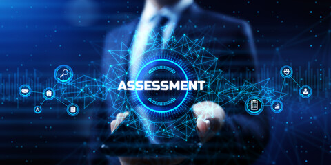 Assessment Evaluation Business Finance concept. Businessman pressing button. - obrazy, fototapety, plakaty
