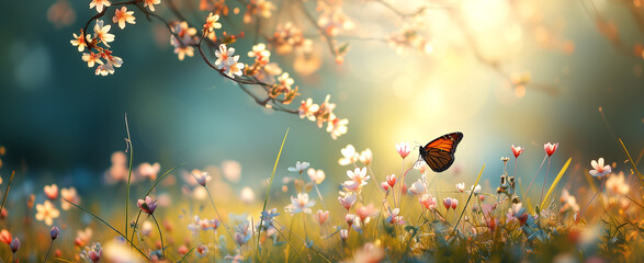 a spring meadow with fresh flowers and a butterfly - 744580538