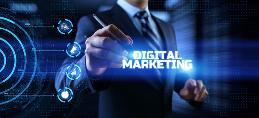 DIgital marketing online internet SEO SEM SMM. Businessman pressing button on screen.