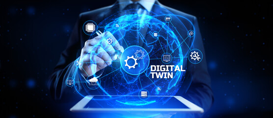 Digital twin industrial technology and manufacturing automation technology. Businessman pressing...