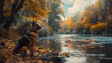 Fotobehang Shepherd dog at the edge of a river © Ghazanfar