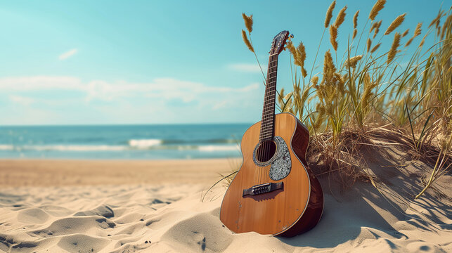 A guitar strums its melodies against the backdrop of a tranquil beach - Powered by Adobe