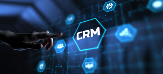 CRM Customer relationship management concept. Hand pressing button on screen.