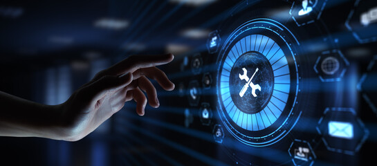 Technical support customer service guarantee quality assurance. Hand pressing button on virtual...