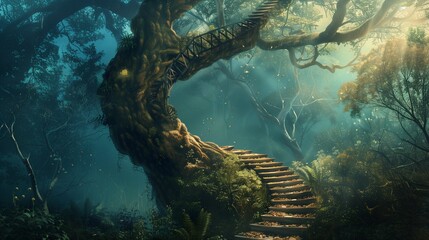 A spiraling staircase wrapping around the trunk of a towering ancient tree in a mystical forest. - obrazy, fototapety, plakaty