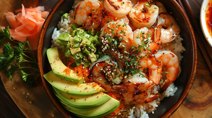 Shrimp sashimi rice poke bowl with avocado.