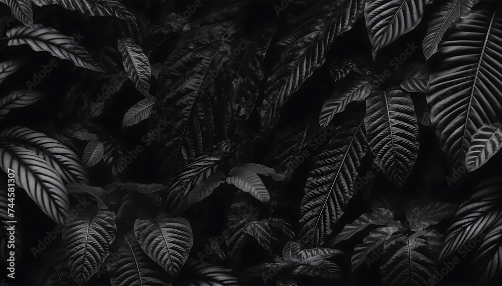 Wall mural monochrome image of lush tropical leaves in high contrast. the high contrast highlights the intricat