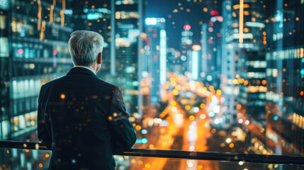 Man in suit looking out over city at night, suitable for business or urban concepts