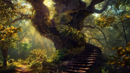 A spiraling staircase wrapping around the trunk of a towering ancient tree in a mystical forest.