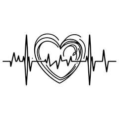 Heart beat with Wave graph pulse. Medicine concept. Continuous single black Lines drawing of doodle hand drawn Heart cardiogram icon Symbol in linear style Vector