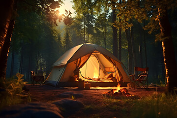 Camping in the forest on a summer evening. Beautiful landscape.