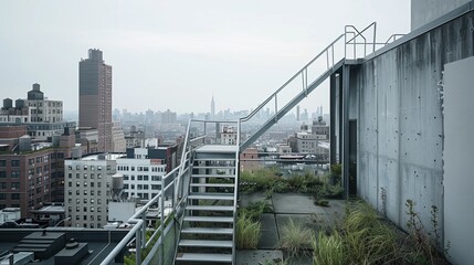 An industrial metal staircase leading up to a rooftop with panoramic city views.