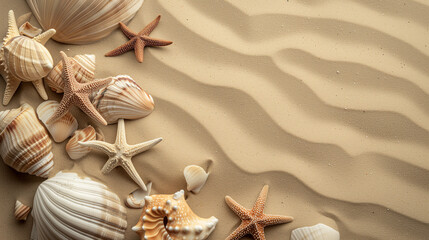 Fototapeta na wymiar Sandy beach background adorned with shells, stones, and starfishes