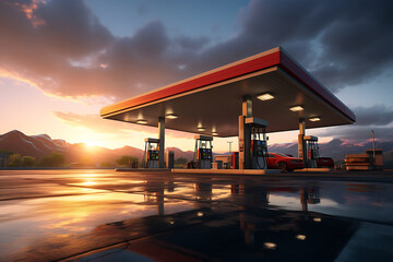 Gas station at sunset with reflection in water. 3D rendering. - obrazy, fototapety, plakaty