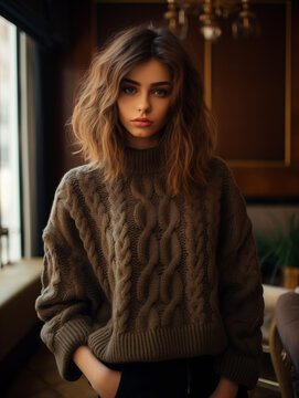 young woman in a beautiful brown knitted sweater in the lobby of a luxury hotel