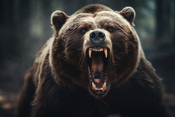 Obraz premium Angry big brown bear with open mouth in forest. Halloween concept