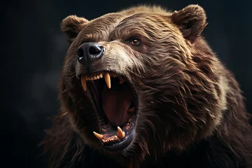 Foto op Aluminium Angry big brown bear with open mouth in forest. Halloween concept © Creative