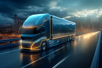 Truck on the road with mountains in the background. 3d rendering