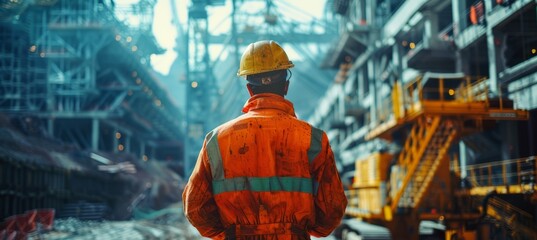 Obraz premium Back view mining worker with bokeh factory industry background. Professional industrial job. Generative AI technology. 