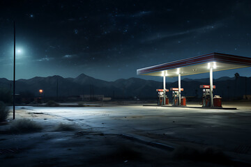 gas station at night in the desert with starry sky and moon - obrazy, fototapety, plakaty