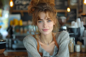 A young beautiful girl in a cafe against the background of a bar counter.