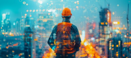 Back view construction worker with double exposure effect from night city. Professional industrial job. Generative AI technology.	
