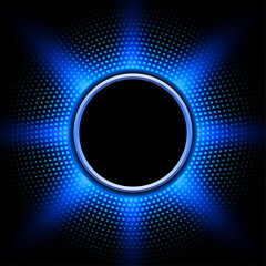 Shiny button with blue halftone, sunny dots pattern around on black background.