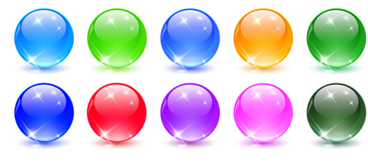 Colored spheres set, shiny and glossy 3D colorful glass balls collection.