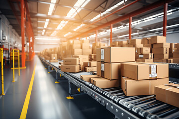 Cardboard boxes on conveyor belt in warehouse. 3D rendering - obrazy, fototapety, plakaty