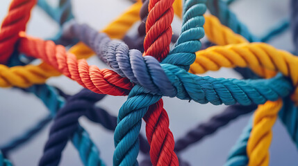 Diverse network rope connecting in teamwork, symbolizing strength, unity, and collaboration in a corporate or team setting - obrazy, fototapety, plakaty