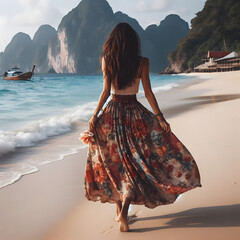 Girl wearing floral maxi skirt walking barefoot on the sea shore, Thailand, Phuket. Bohemian clothing style. - obrazy, fototapety, plakaty