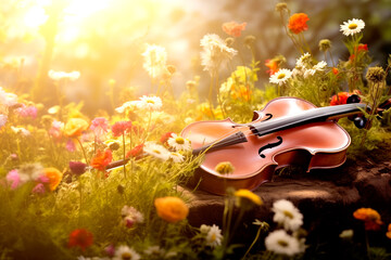 The violin on the ground, the concept: a song about spring, music in colors, a flower garden, dream toned sunset background - 744583370